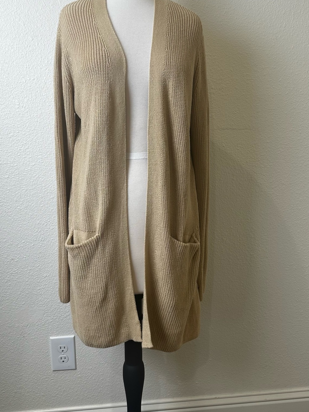 GAP Long Open-Front Beige Knit Cardigan